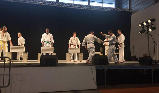 Démonstration de karaté Kyokushinkai au salon Japan Matsuri à Lattes - casses de bois et de parpaing